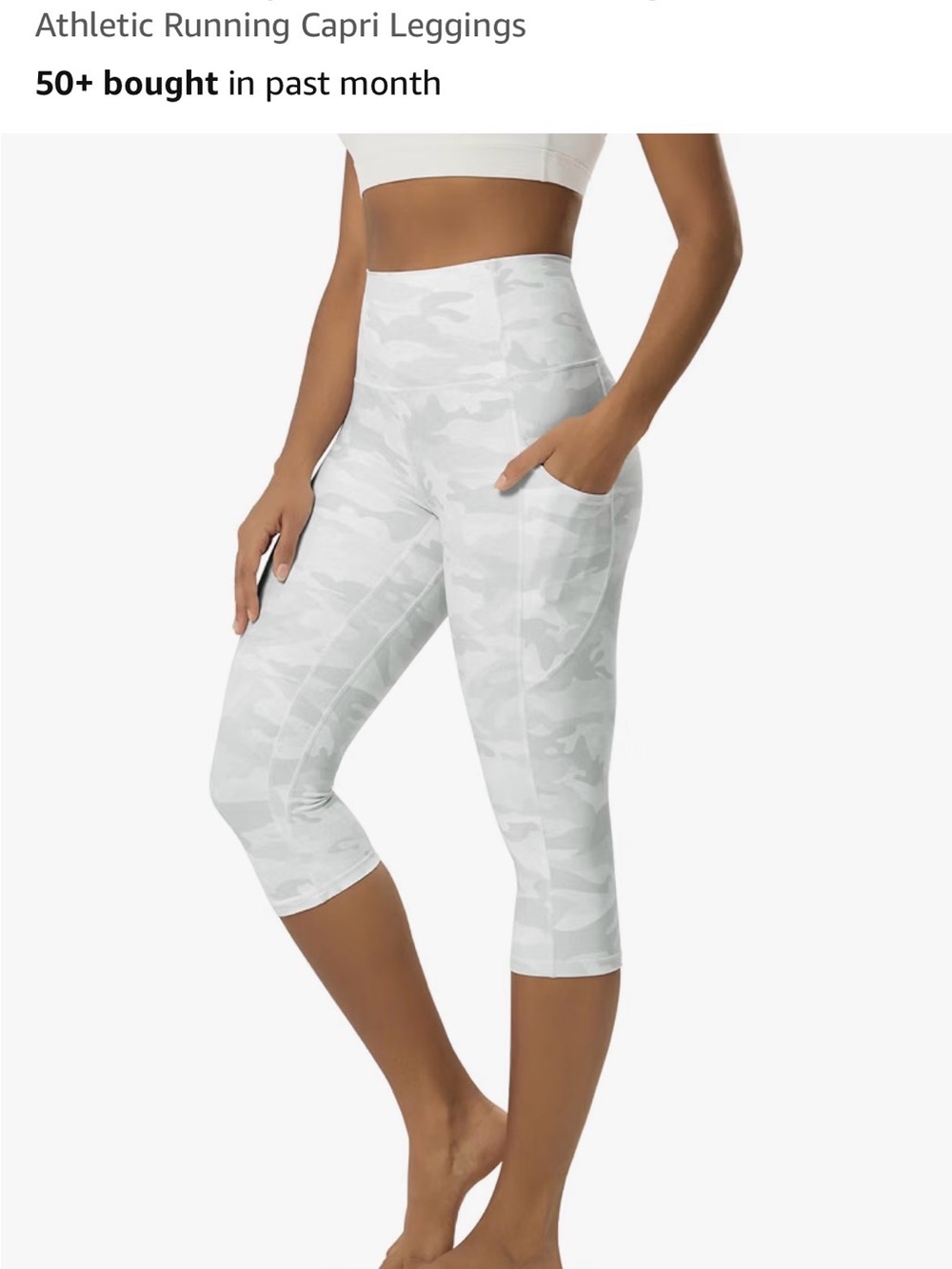 High-Rise White Camo Capri Leggings with Side Pockets